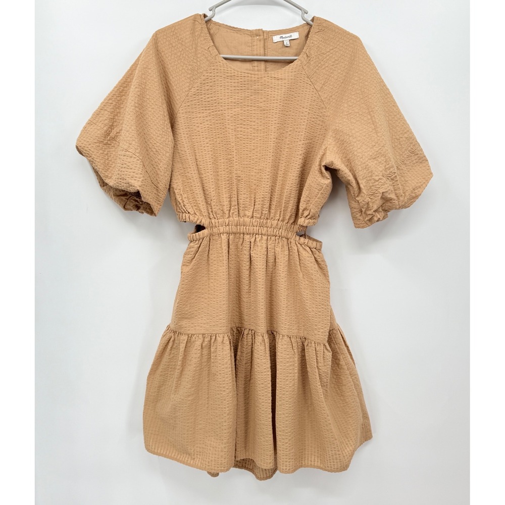 Madewell Womens Tan Brown Textured Cutout Tiered Mini Dress Button Back‎ M